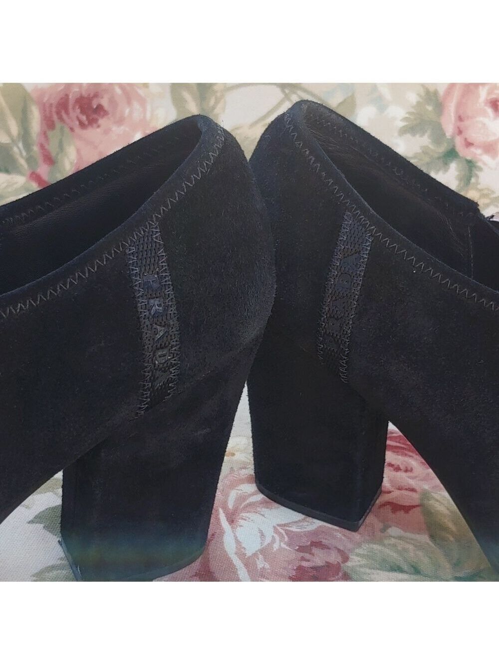 PRADA Black Suede Block Heel Ankle Booties Women's Size US 9 EURO 40 - Picture 6 of 17